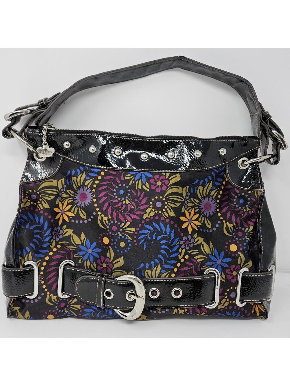 Kathy Van Zealand Colorful Studded Floral Satchel Buckle w/ Charms Zip Closure